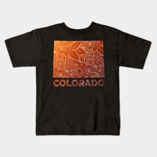 Colorful mandala art map of Colorado with text in brown and orange Kids T-Shirt